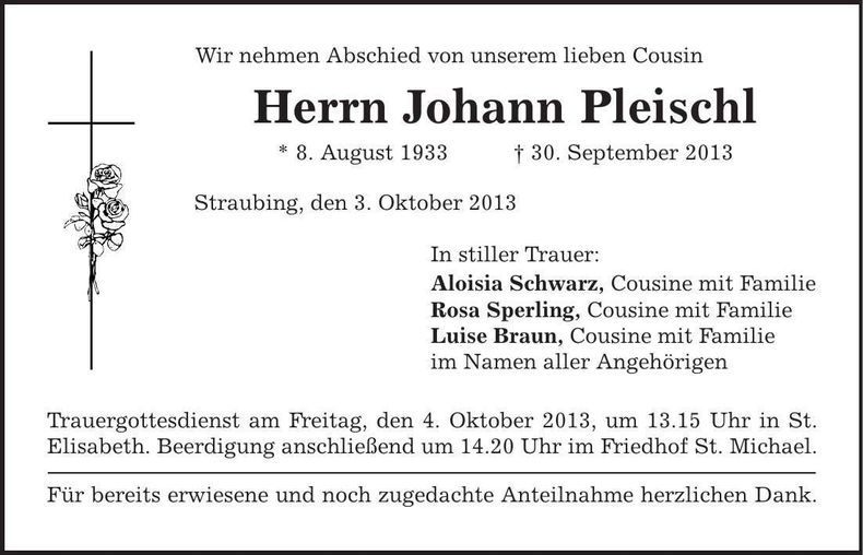 Traueranzeige Johann Pleischl