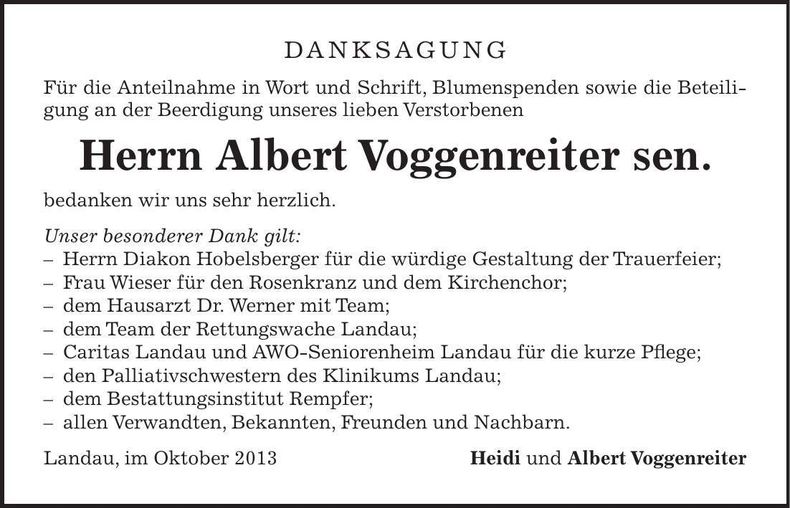 Traueranzeige Albert Voggenreiter