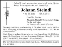 Traueranzeige Johann Steindl