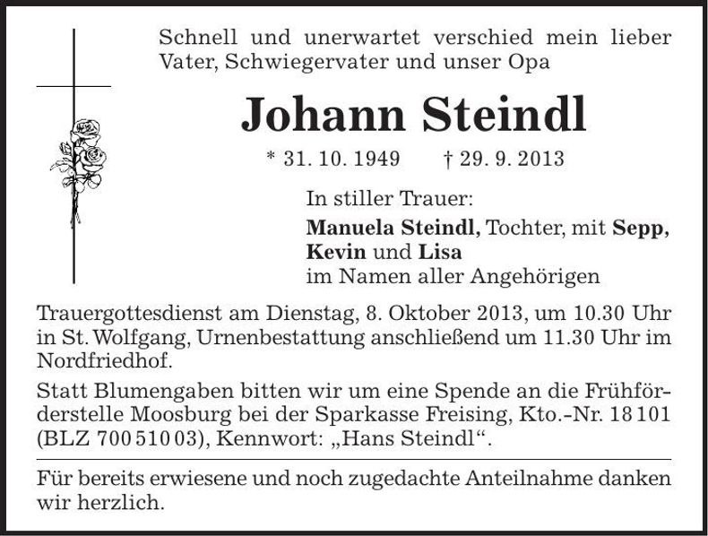 Traueranzeige Johann Steindl