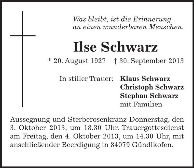 Traueranzeige Ilse Schwarz