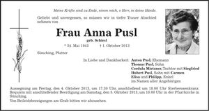 Traueranzeige Anna Pusl