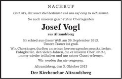 Traueranzeige Josef Vogl