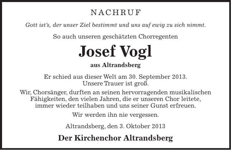 Traueranzeige Josef Vogl