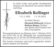 Traueranzeige Elisabeth Rollinger