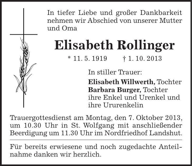 Traueranzeige Elisabeth Rollinger