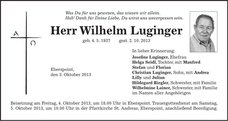 Traueranzeige Wilhelm Luginger
