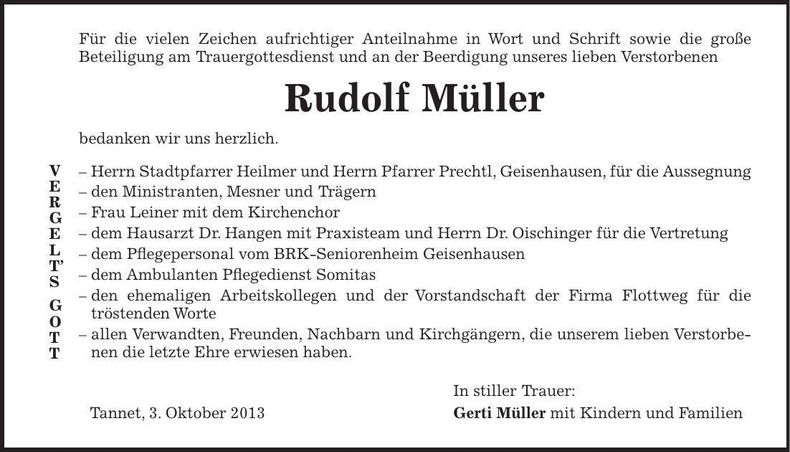 Traueranzeige Rudolf Müller