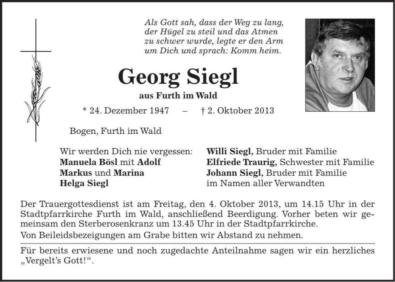 Traueranzeige Georg Siegl