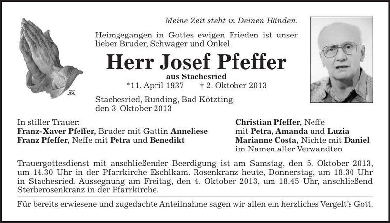 Traueranzeige Josef Pfeffer