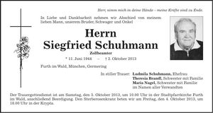 Traueranzeige Siegfried Schuhmann