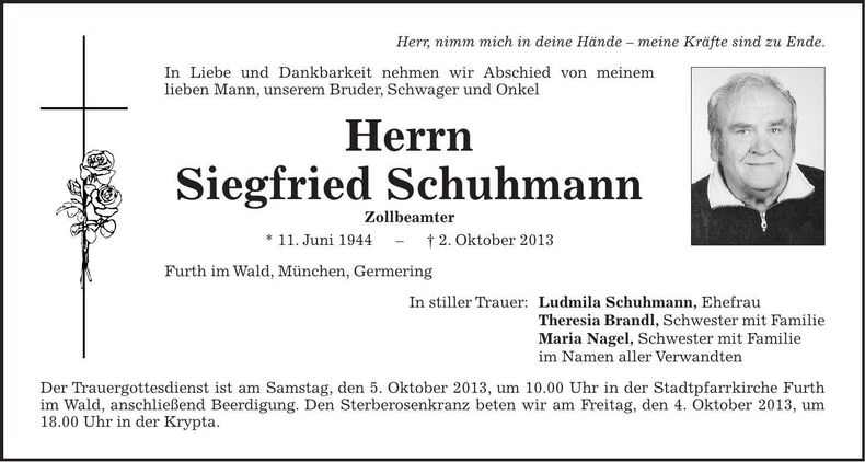 Traueranzeige Siegfried Schuhmann