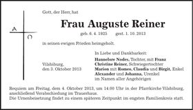 Traueranzeige Auguste Reiner