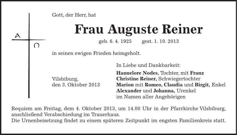 Traueranzeige Auguste Reiner