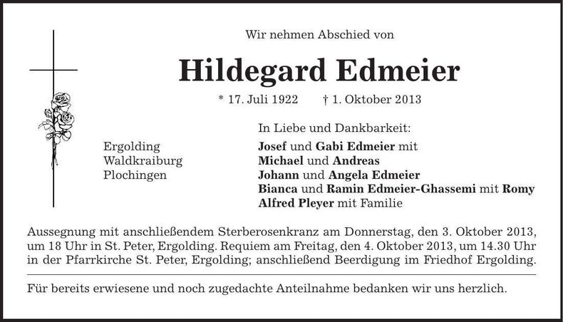 Traueranzeige Hildegard Edmeier