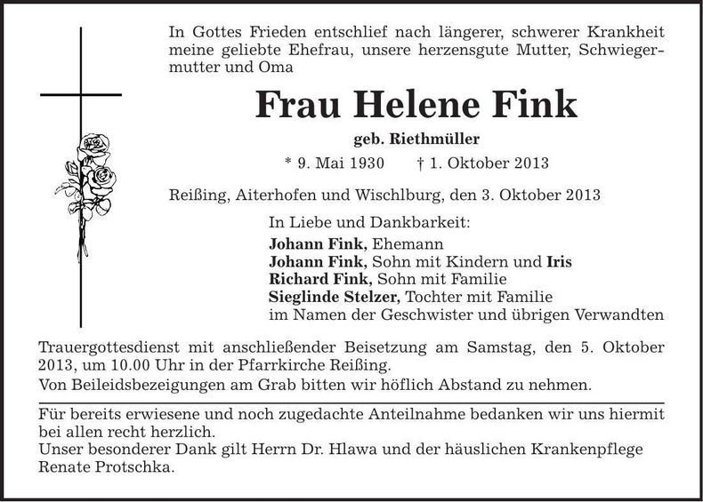 Traueranzeige Helene Fink