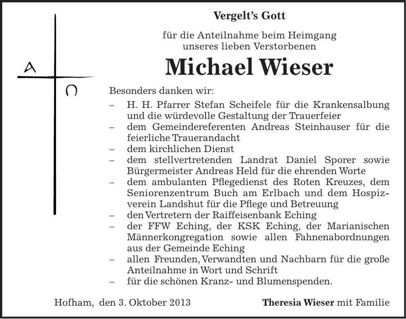Traueranzeige Michael Wieser