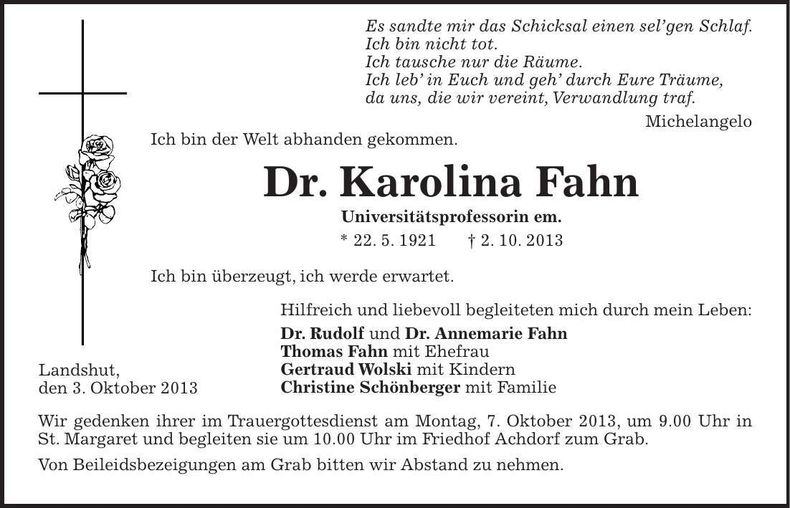 Traueranzeige Karolina Fahn