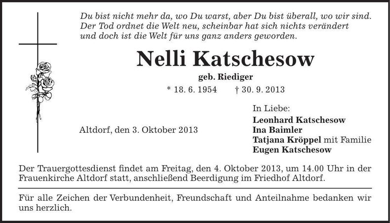 Traueranzeige Nelli Katschesow