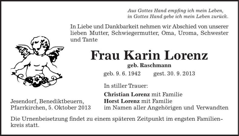 Traueranzeige Karin Lorenz