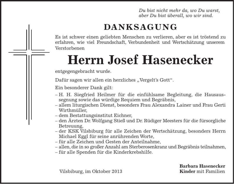 Traueranzeige Josef Hasenecker