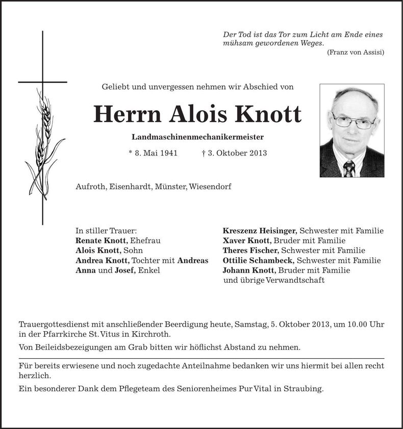 Traueranzeige Alois Knott