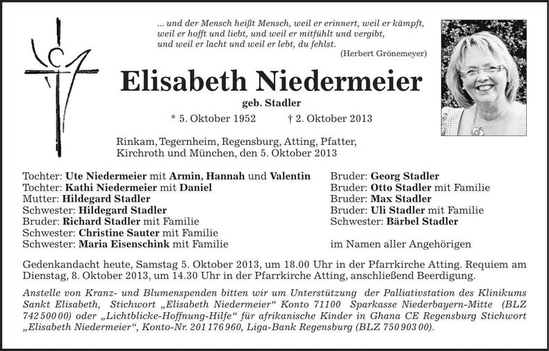 Traueranzeige Elisabeth Niedermeier