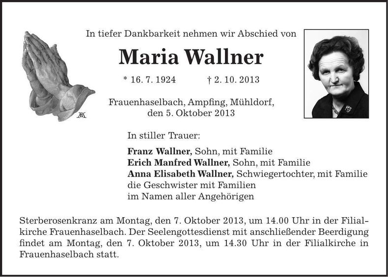 Traueranzeige Maria Wallner