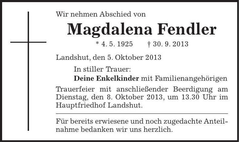 Traueranzeige Magdalena Fendler