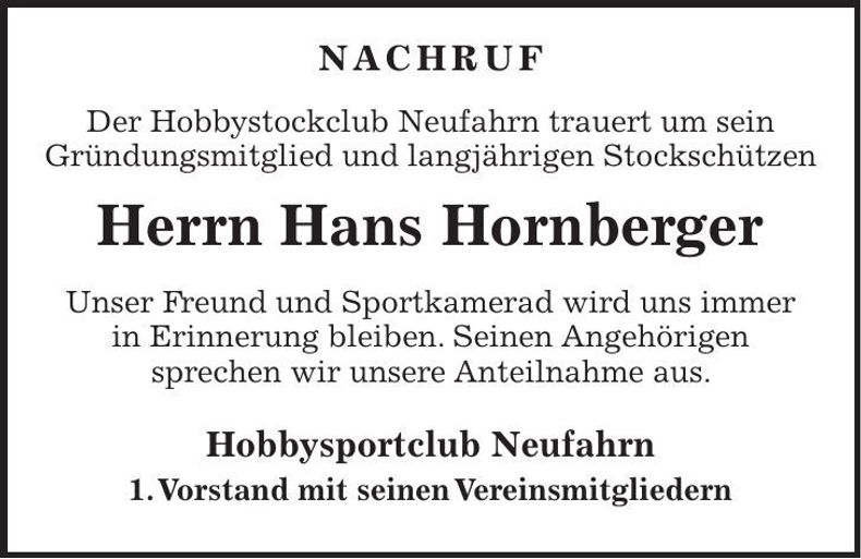 Traueranzeige Hans Hornberger