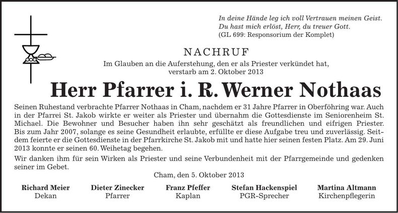 Traueranzeige Werner Pfarrer i. R. Nothaas