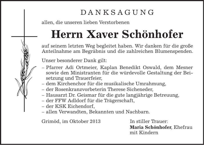 Traueranzeige Xaver Schönhofer