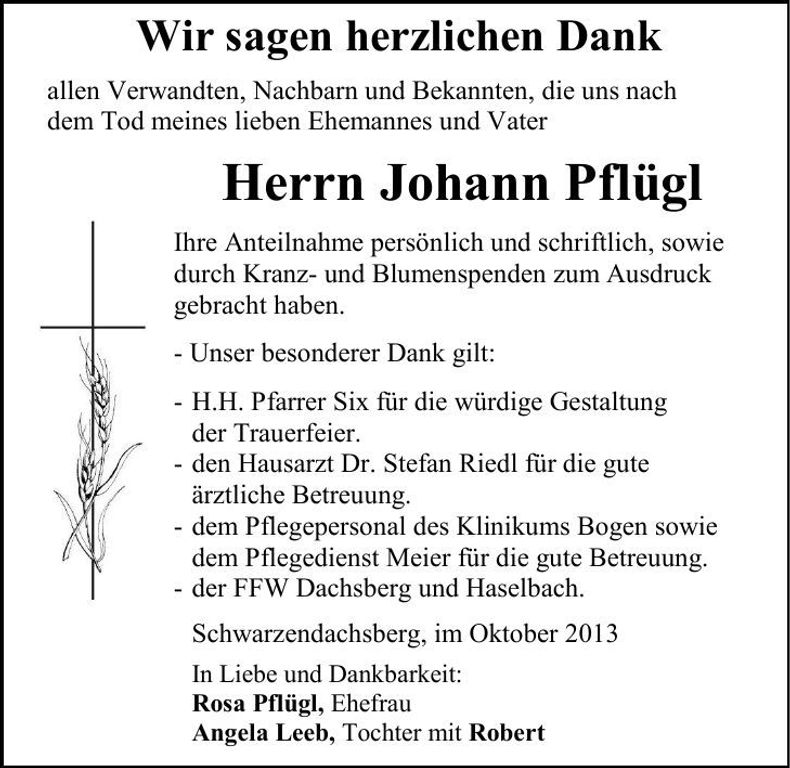 Traueranzeige Johann Pflügl