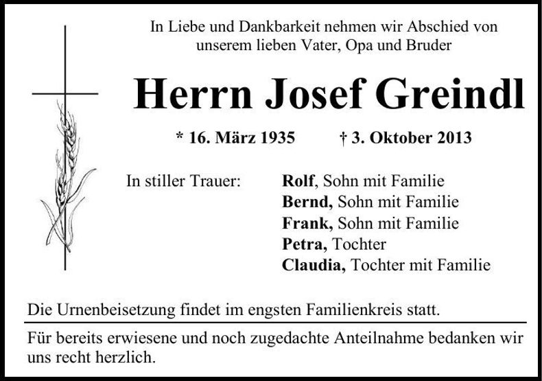 Traueranzeige Josef Greindl