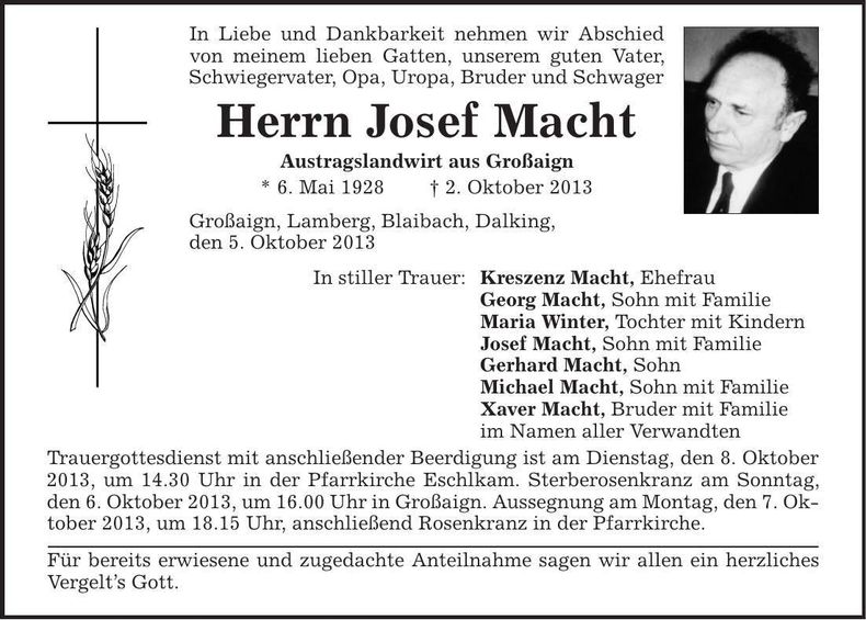 Traueranzeige Josef Macht