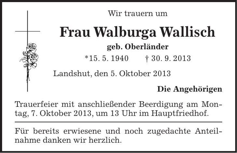 Traueranzeige Walburga Wallisch