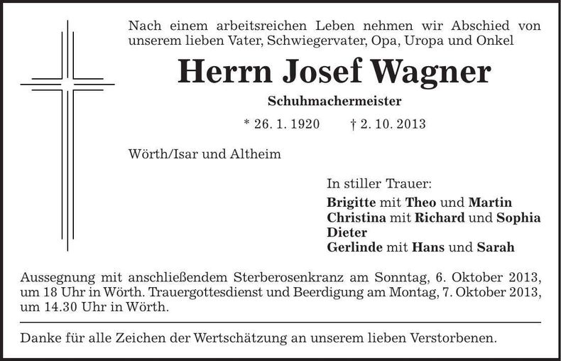 Traueranzeige Josef Wagner