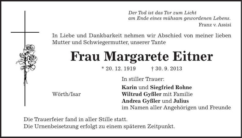 Traueranzeige Margarete Eitner