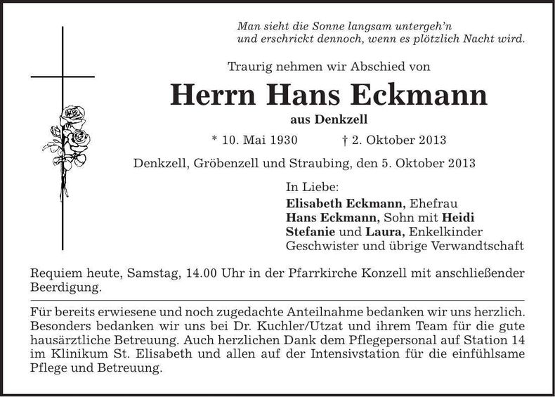 Traueranzeige Hans Eckmann