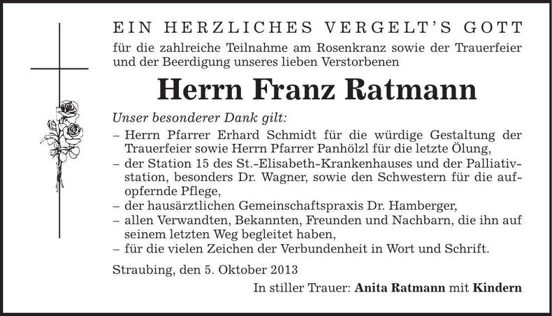 Traueranzeige Franz Ratmann