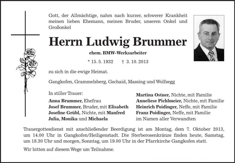 Traueranzeige Ludwig Brummer
