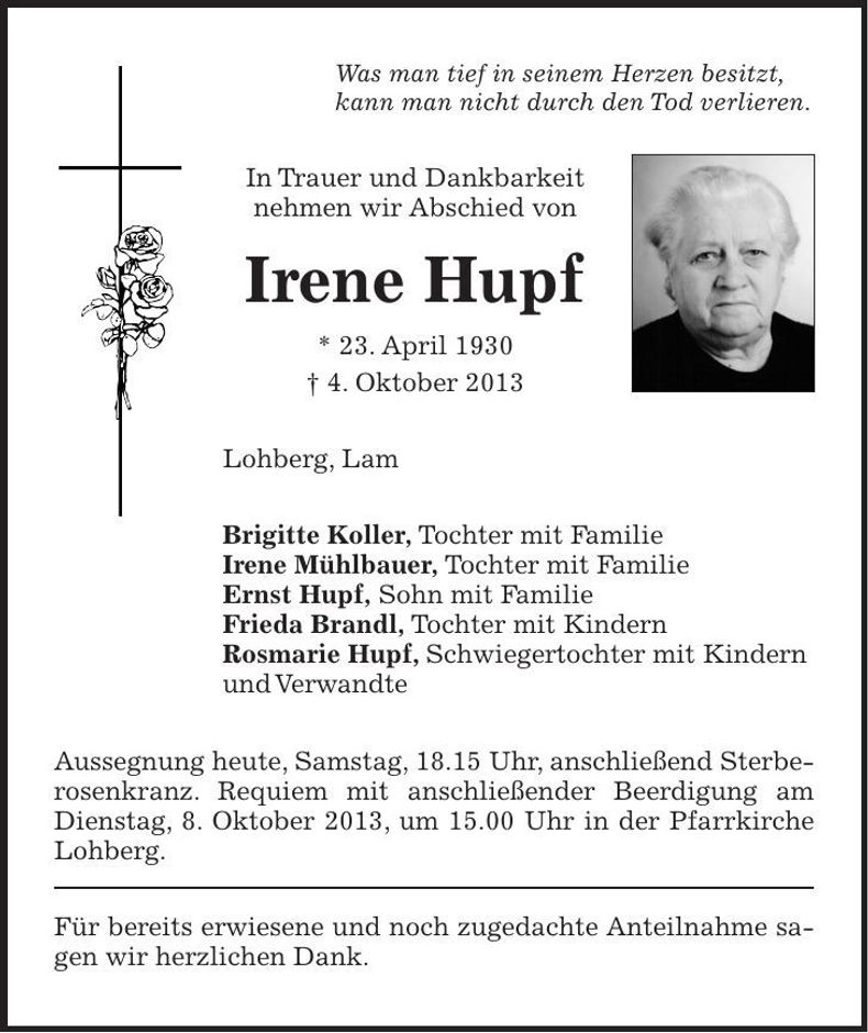 Traueranzeige Irene Hupf