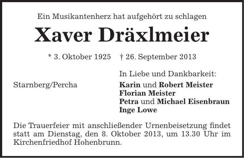 Traueranzeige Xaver Dräxlmeier