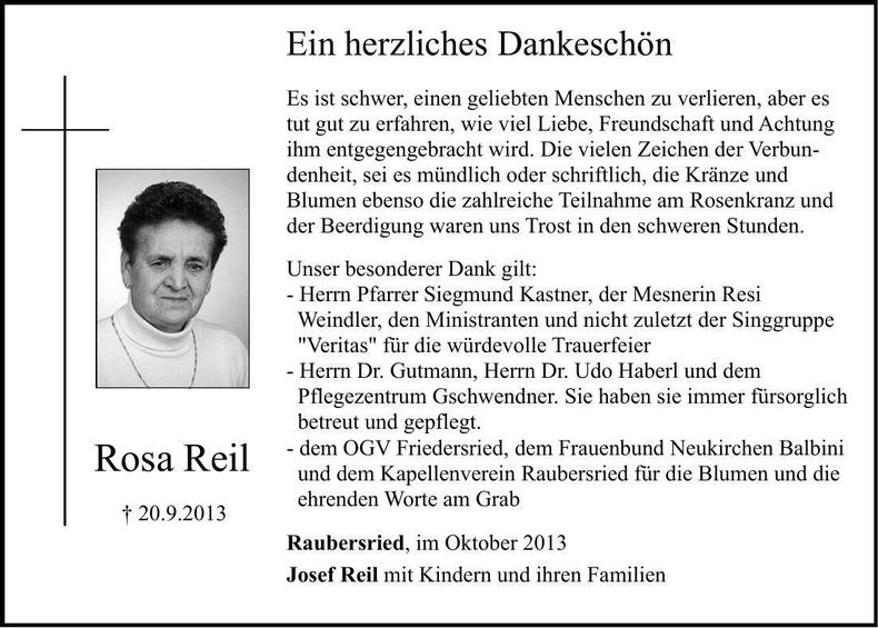 Traueranzeige Rosa Reil