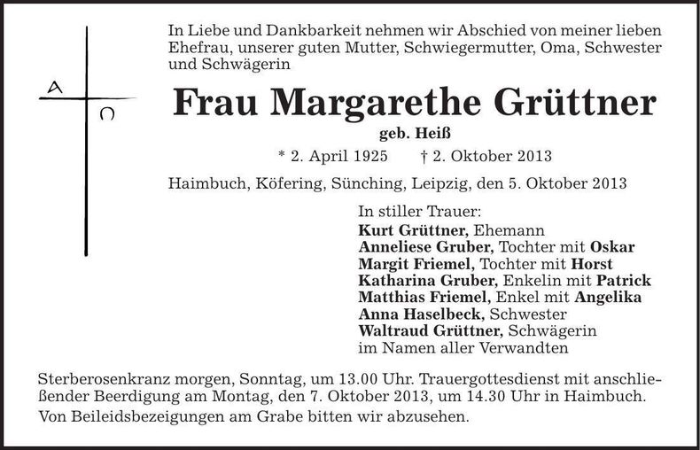 Traueranzeige Margarethe Grüttner