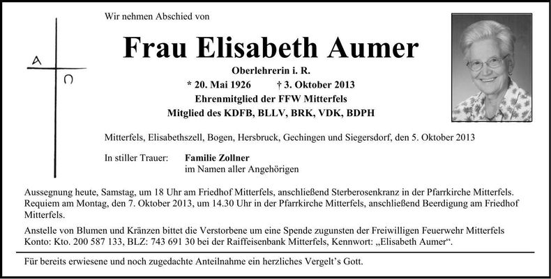 Traueranzeige Elisabeth Aumer