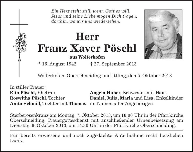 Traueranzeige Franz Xaver Pöschl