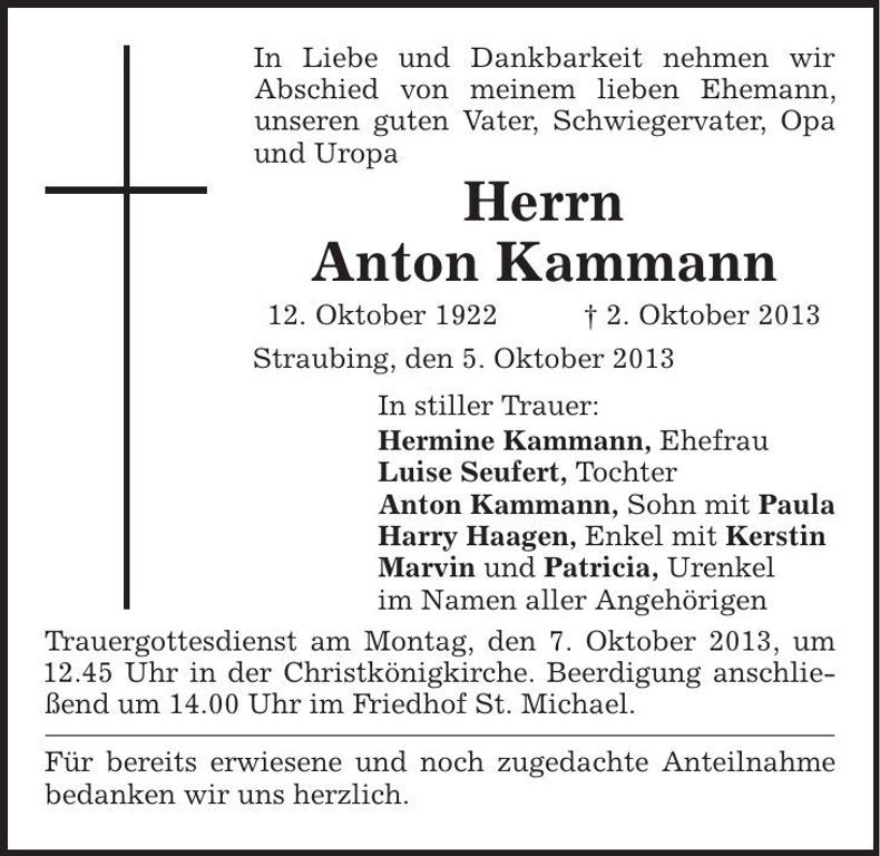 Traueranzeige Anton Kammann