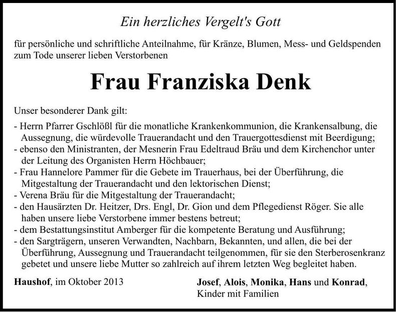Traueranzeige Franziska Denk