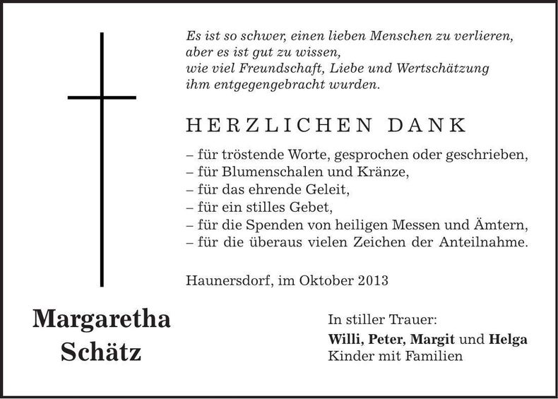 Traueranzeige Margaretha Schätz